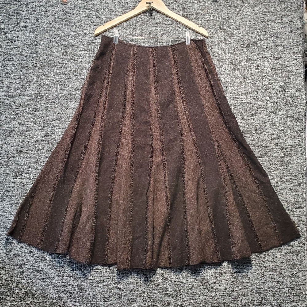 Multiples Paneled A Line Skirt Womens 12 Brown Frayed Fringe Raw Edge Midi Boho